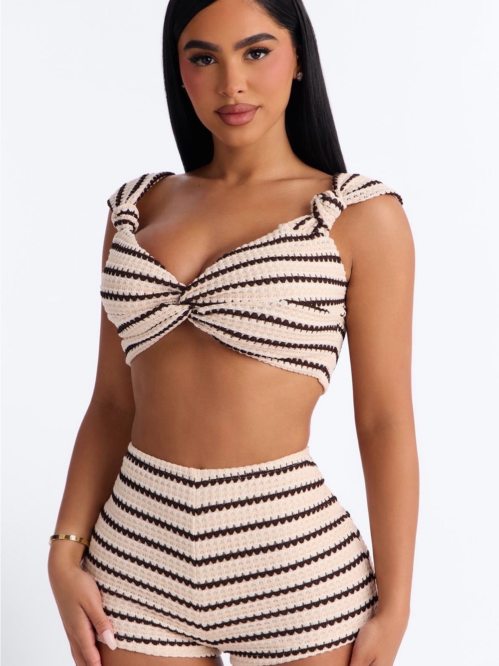 Fashion Nova Cream & Black Striped Knit Twist Crop Top and High-Waist Shorts